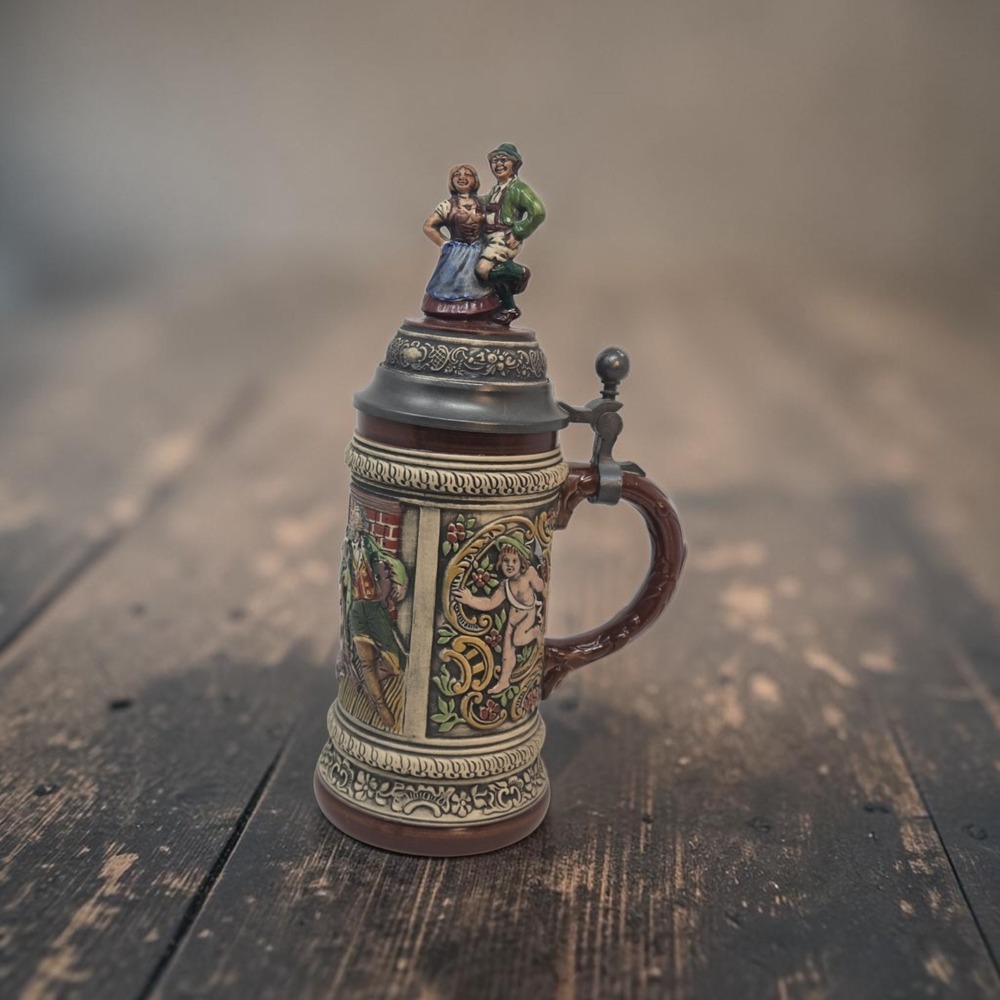 Vintage Old Gerz Beer Stein Dancing Couple Figural Pewter Lid W Germany Cherubs